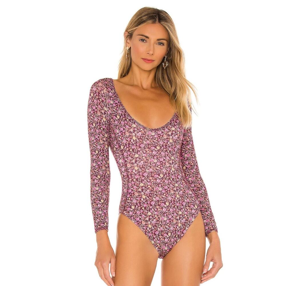 LoveShackFancy Helene Cherry Wine Floral Bodysuit Long Sleeve Coquette Fall XS